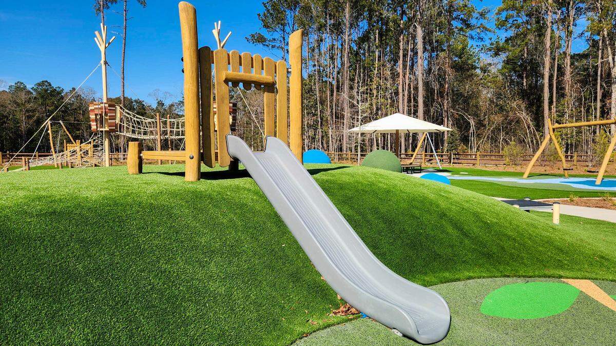 A slide sits atop an embankment as photographed on Jan. 28, 2025, is featured in one section at the New Riverside Barn Park set for a grand opening on Feb. 22 in Bluffton.