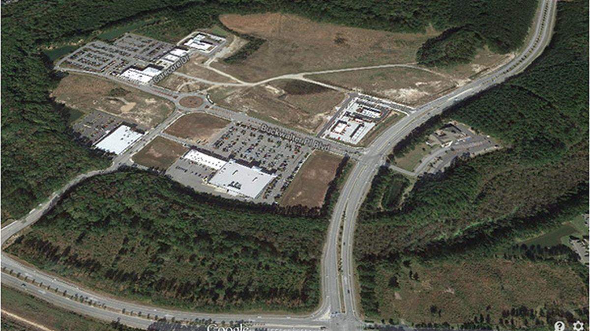 This aerial view from Google Earth shows Buckwalter Place looking northwest from Bluffton Parkway.