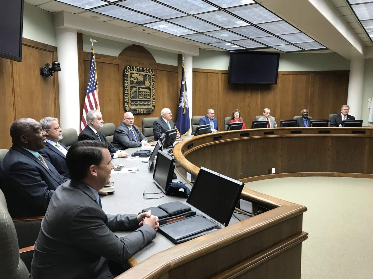 Beaufort County Council members converse after a specially called meeting Monday, Jan. 7, 2019, in Beaufort, S.C.