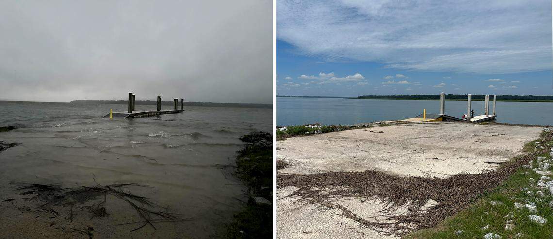 The H. E. Trask Sr. Boat Landing at the end of Sawmill Creek Road in&nbsp;Bluffton&nbsp;saw considerable water inundation from Hurricane Idalia during both the high and spring tide as well as Iadlia’s storm surge. The photo on the left taken on Wednesday at 8:10 p.m. shows part of the landing underwater. The photo on the right, taken the next day at 1:25 p.m. as the river was nearing low tide, shows how high the tide reached by the remaining reeds left on the landing. The boat landing gives users access to the Colleton and Chechessee rivers.