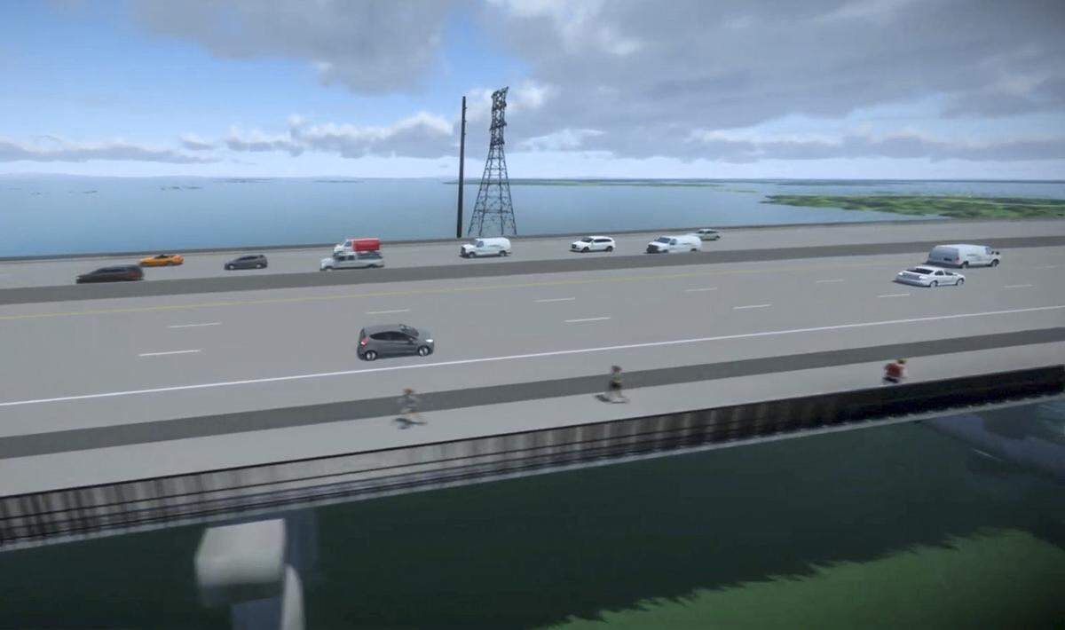 This still from a video animation released July 7, 2021 shows the preferred plan for the six-lane bridge that would connect the mainland with Jenkins Island. The proposed bridge has a 10-foot multi-use path which is closest to the viewer.