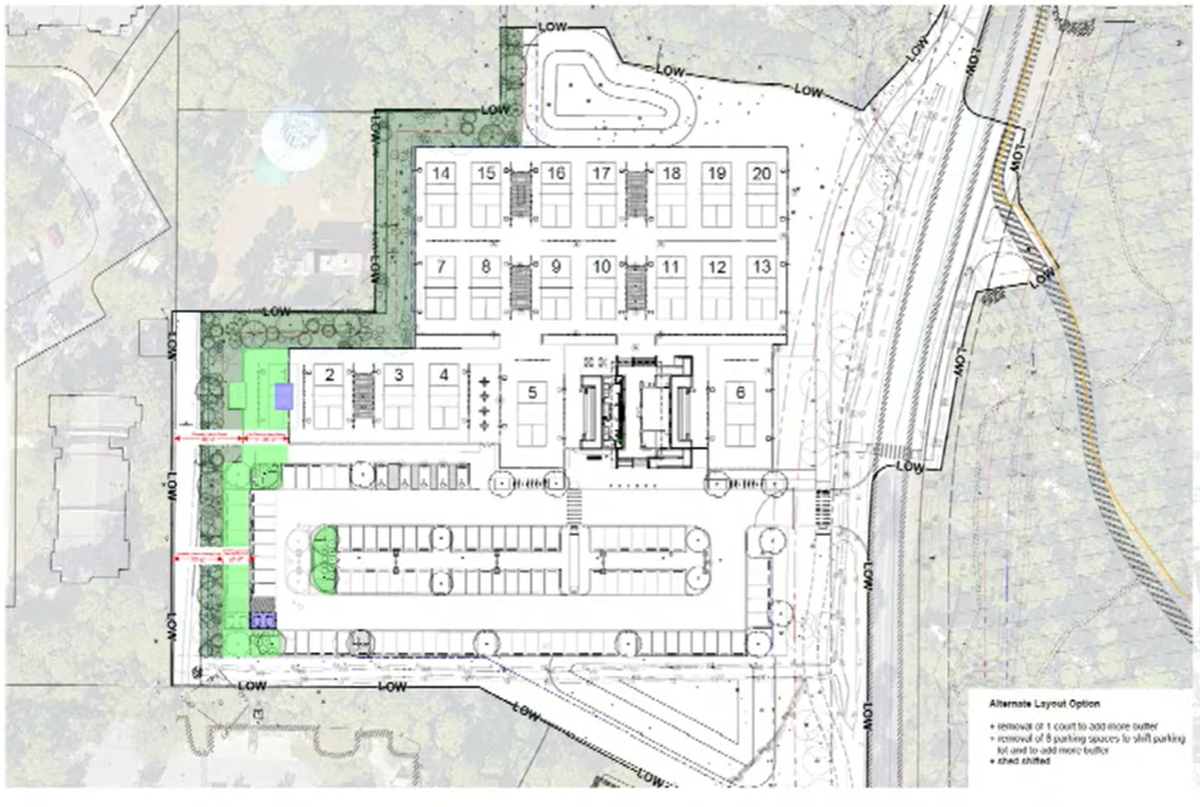This site plan shows the changes made to the pickleball project following public input. The green highlight shows the increase to the buffer, which will eliminate one court and eight parking spaces.
