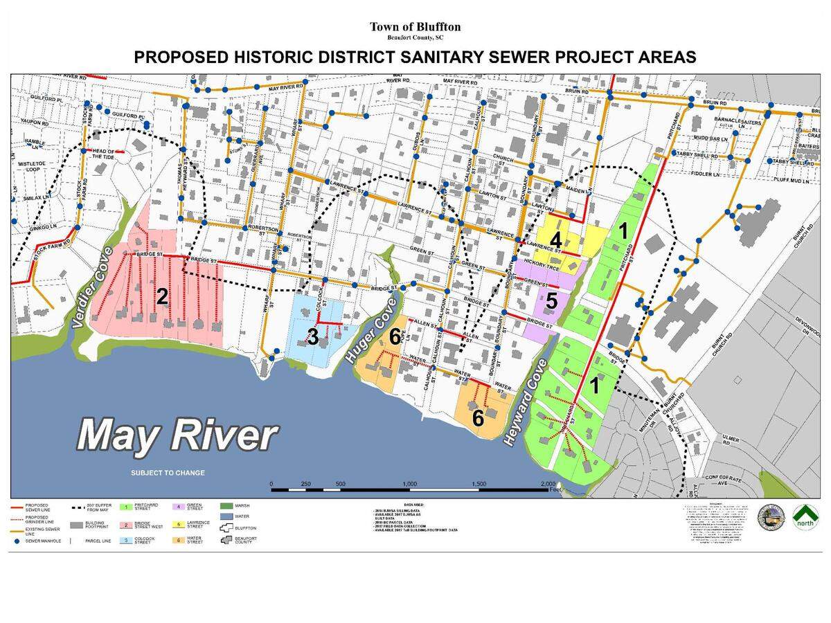 Bluffton’s sanitary sewer project, which will be in six phases and is expected to be complete in 2021, will install sewers between Pritchard Street and Verdier Cove along the May River. The goal is to protect the May River, a part of life for most Bluffton residents, from runoff and pollution.