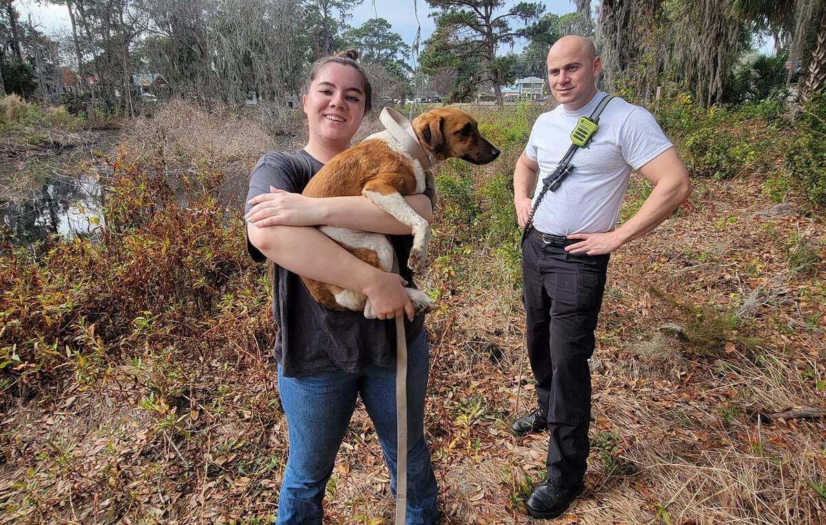 Emmeline Malfoid with Lovable Paws Rescue and Sanctuary and Lt. Steven Tinsley of the Beaufort/Port Royal Fire Department were involved in the rescue of a dog that became stranded on an island at the Cypress Wetlands in Port Royal Thursday.