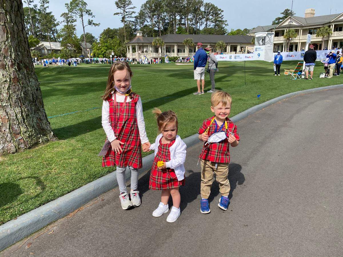 A plaid-tastic day at RBC Heritage Presented by Boeing 2021. Charlotte Phillips (left), 6 , stands with her brother, Jackson (right), 3, and their cousin Nell Trammell (center), 1.  