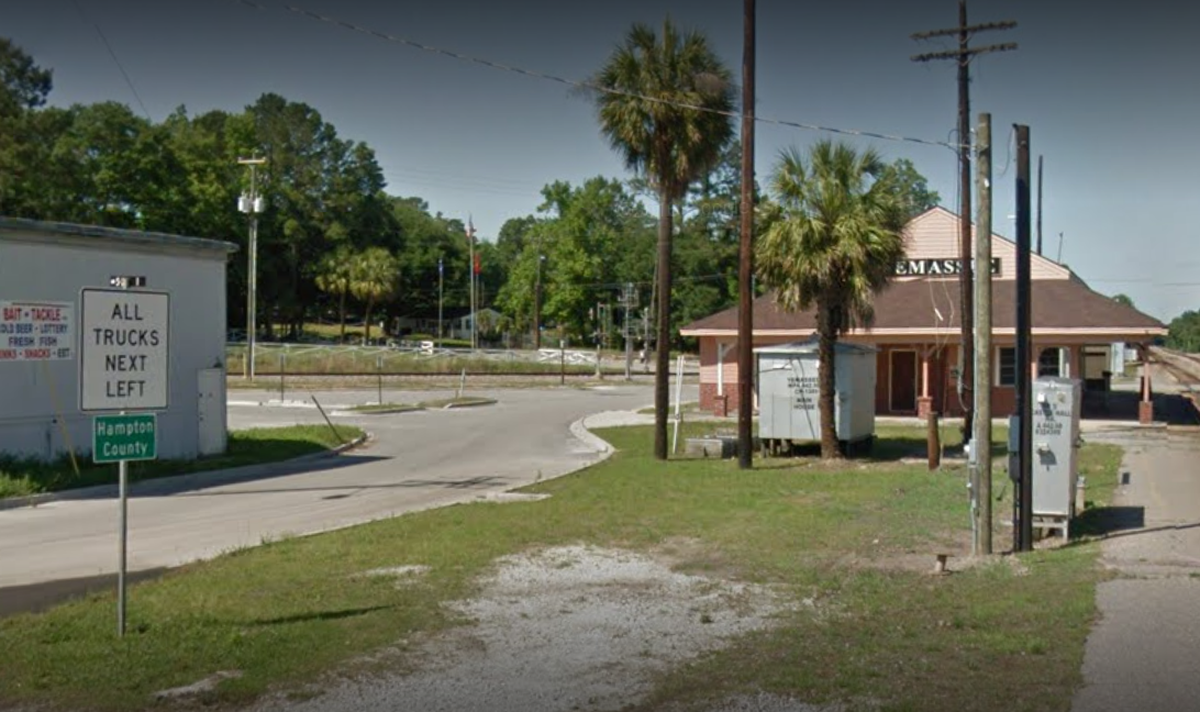 Railroad tracks at the Yemassee train station mark the border of Beaufort and Hampton counties.