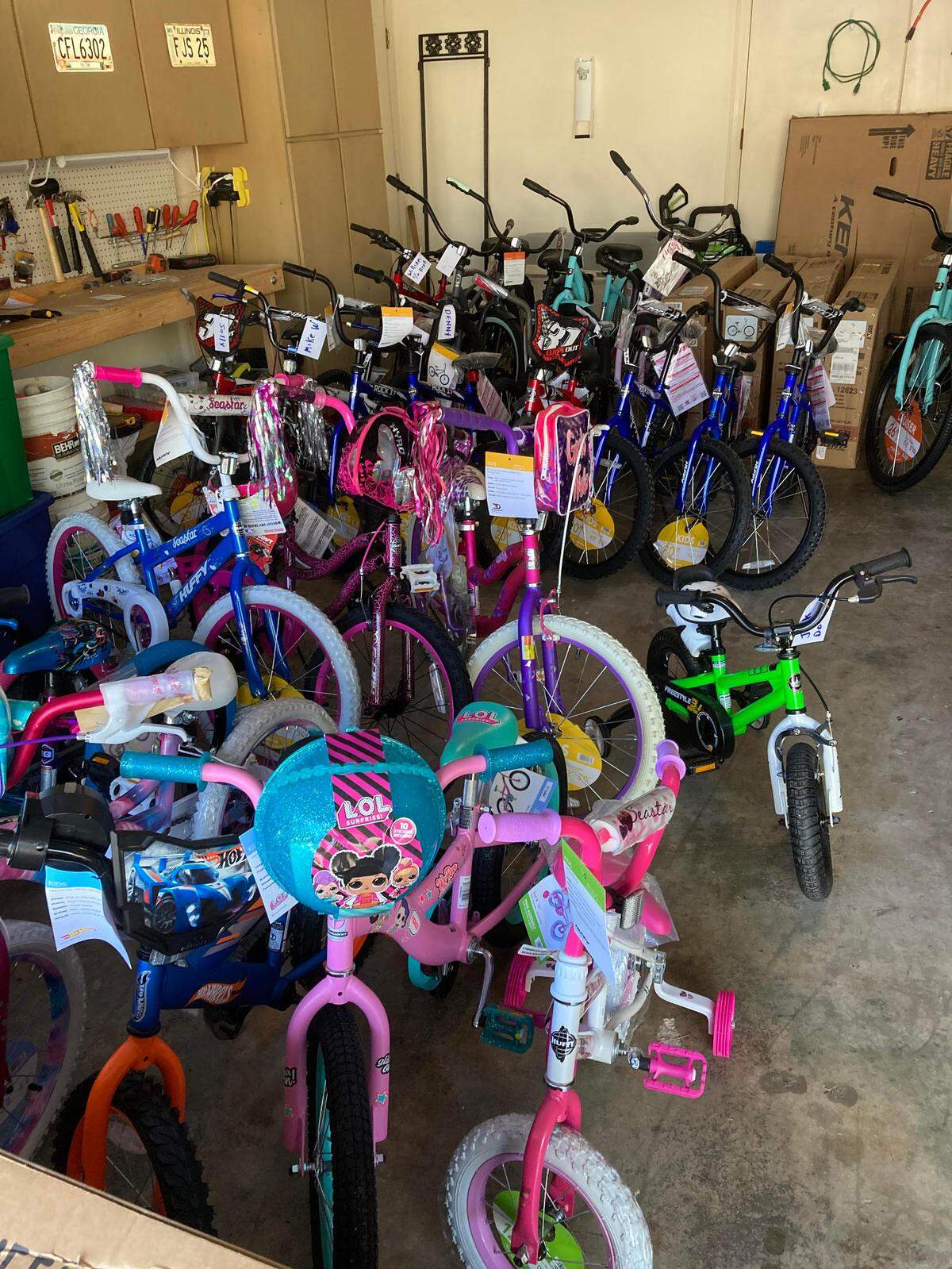 The bicycles were stored in Sheridan’s garage until they were ready to be delivered to the children on Hilton Head Island as an early Christmas gift.
