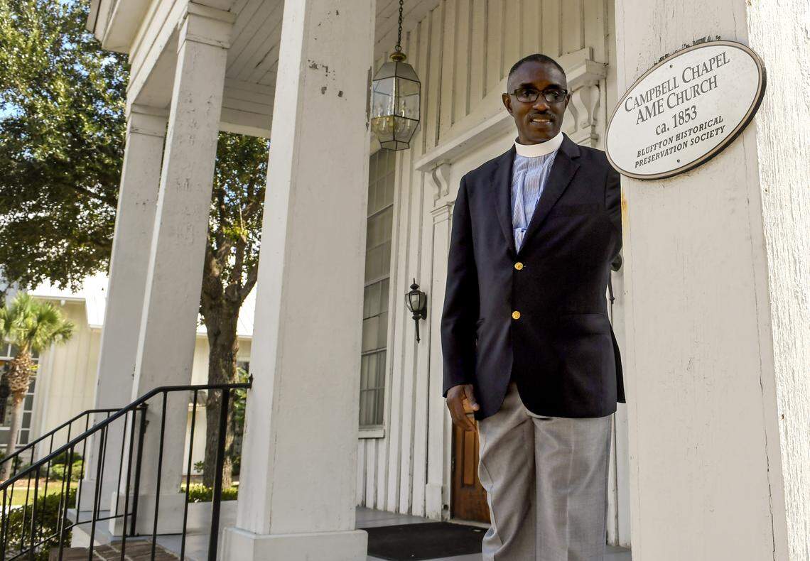 Jon Black, pastor of Bluffton’s Campbell Chapel AME Church, stands for a portrait at the church built in 1853. As of April 26, 2019, the building is listed on the U.S. National Park Service’s National Register of Historic Places.