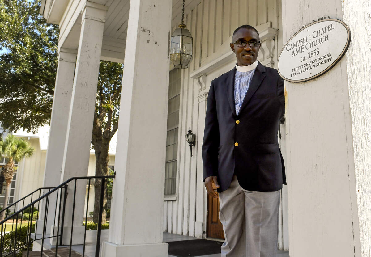 Jon Black, pastor of Bluffton’s Campbell Chapel AME Church, stands for a portrait at the church built in 1853. As of April 26, 2019, the building is listed on the U.S. National Park Service’s National Register of Historic Places.