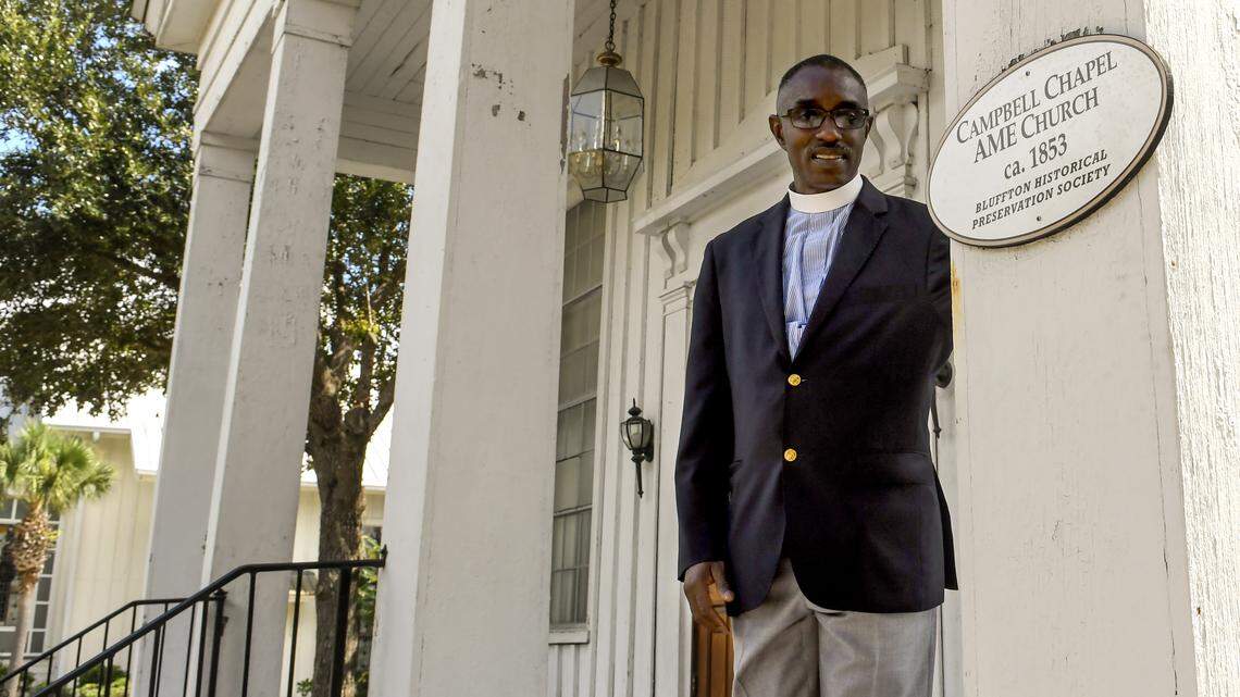 Jon Black, pastor of Bluffton’s Campbell Chapel AME Church, stands for a portrait at the church built in 1853. As of April 26, 2019, the building is listed on the U.S. National Park Service’s National Register of Historic Places.