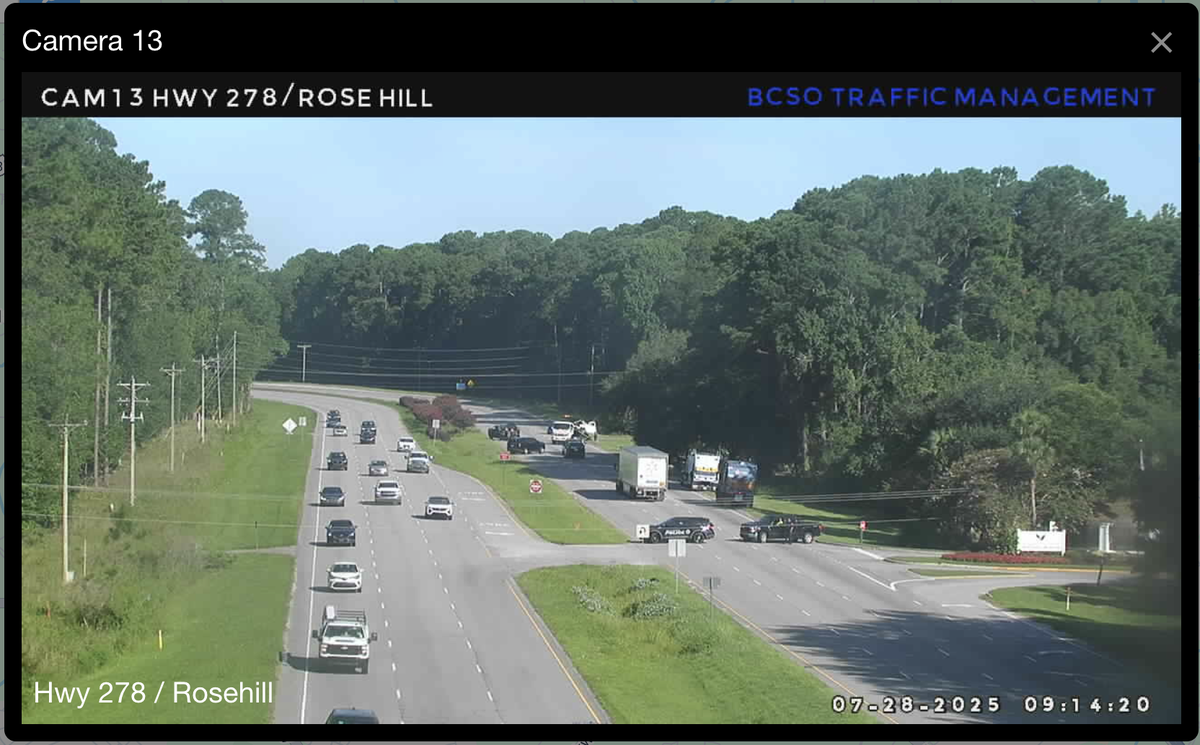 Bluffton police were seen blocking the roadway of U.S. 278 near the entrance to the Eagle’s Pointe golfing community around 9:15 a.m. July 28, 2025, after a collision hours earlier prompted officers to shut down a portion of westbound U.S. 278. Drivers were asked to avoid the area and use Buckwalter Parkway and Buck Island Road as alternate routes.