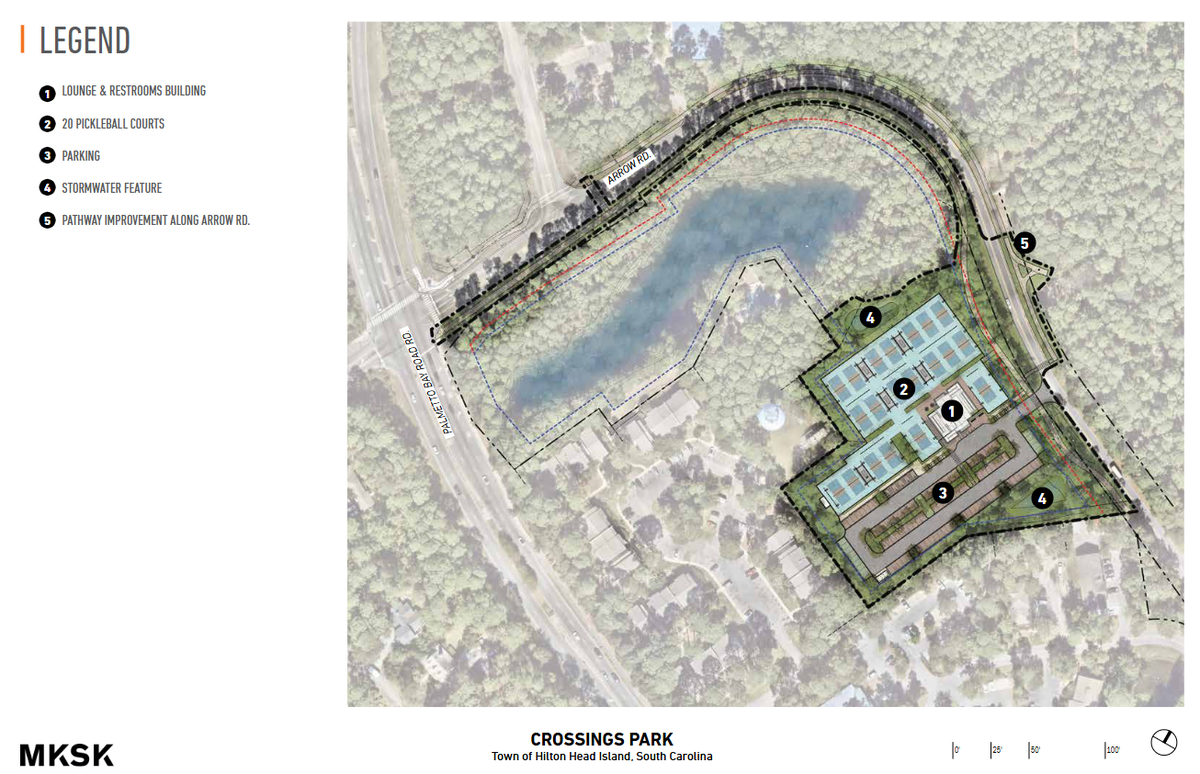 Project plans show the location of 20 pickleball courts, parking and pathway improvements proposed for Crossings Park.