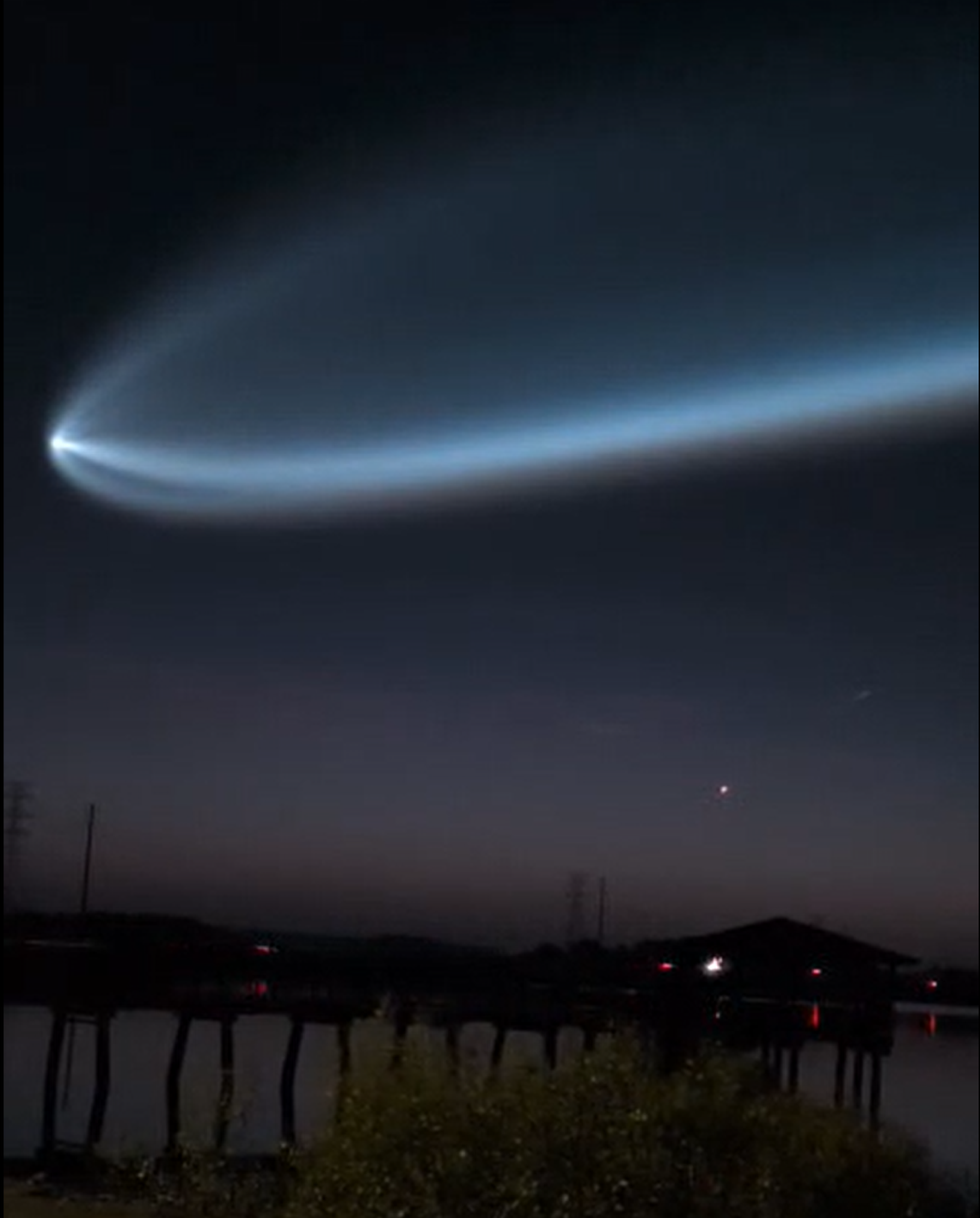 This screenshot of a video taken by Bluffton resident Alex Weber shows the bright “glow” of the first stage booster burning as it re-enters Earth’s atmosphere around 6 a.m. on Wednesday, March 4, 2026.