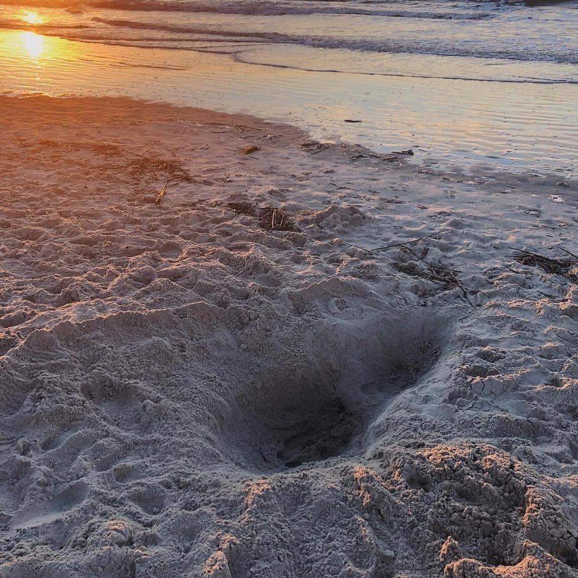A hole on Hilton Head’s beach at sunrise. These types of large holes, if left unfilled, threaten sea turtles that are making their first journey to the ocean.