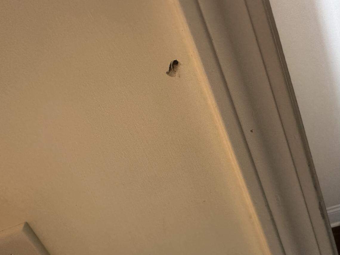 A hole left by a bullet near the ceiling of a Port Royal home that was struck by errant gunfire from an informal shooting range in Beaufort County. It was one of five shots that hit the house in the Shadow Moss neighborhood.