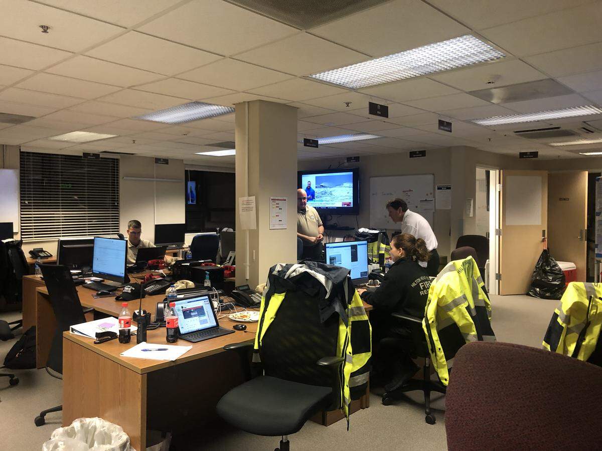 Shuttered windows block the light at the emergency operations center for the Hilton Head Fire & Rescue Division as Hurricane Dorian brings wind and rain to Hilton Head Island. The center is located on the north end of the island.