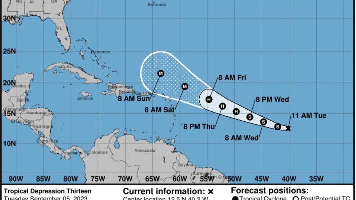 Tropical Depression 13 forecast cone. The storm is expected to become a major hurricane in a few days, according to an advisory from the National Hurricane Center