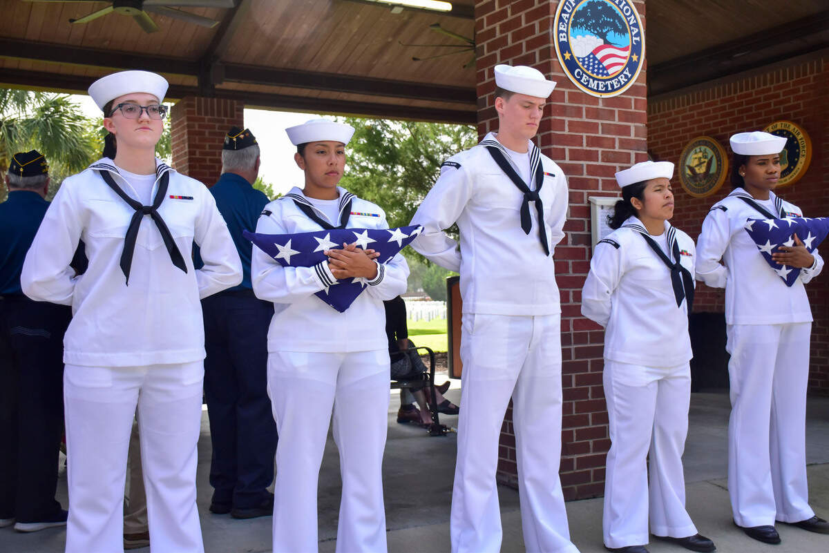 Members of the Beaufort Navy Hospital Honor Guard stand at parade rest before an internment for Unclaimed Veterans at Beaufort National Cemetery. Two veterans, Donald Brown and David Dixon, served in the Navy during the Vietnam War and they were both from the Lowcountry area.