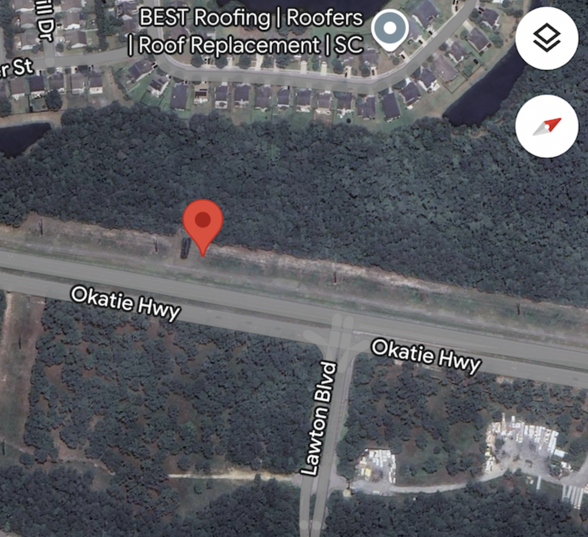 The pin indicates where the overflow started on the shoulder of Okatie Highway on Sunday afternoon.