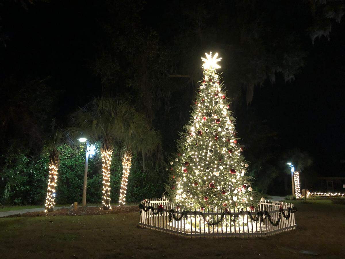 A large Christmas tree is the centerpiece of DuBois Park in Old Town Bluffton.