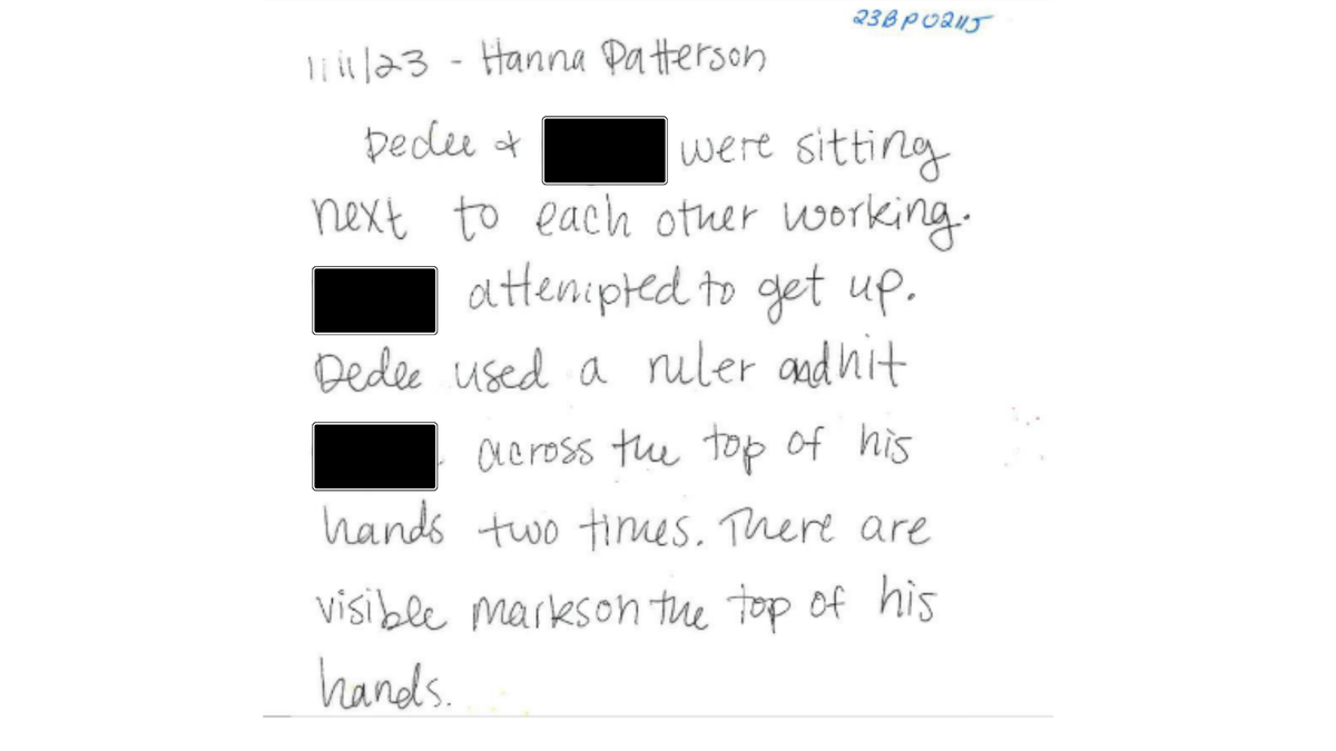 In this written note, dated Jan. 11, 2023 and submitted to H.E. McCracken Middle School Principal Ryan Milling and Vice Principal Joseph Hollington, a teacher details the child abuse she saw the day before. The teacher told a Bluffton police detective that Shandequa Jenkins sometimes goes by the nickname “Dedee.”