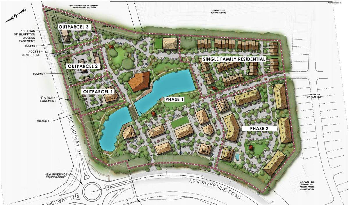 Rendering show the planned New Riverside Village in Bluffton.