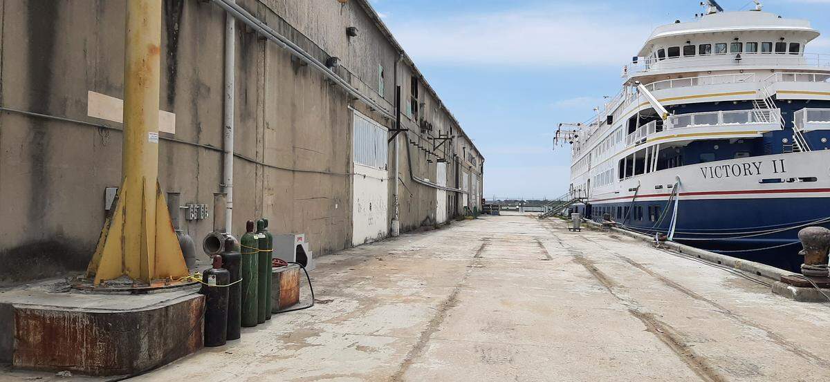 Wooden pilings at the concrete building at the Port of Port Royal serve to protect damage to ships and the building. More than 30 were damaged by a large wave during a tornado earlier this month when the wave jolted two cruise ships into the pilings. The ships were not damaged.