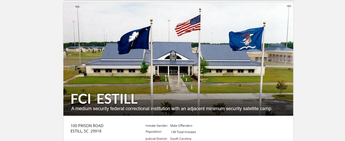 A screenshot of the Federal Bureau of Prisons website homepage for FCI Estill in South Carolina.