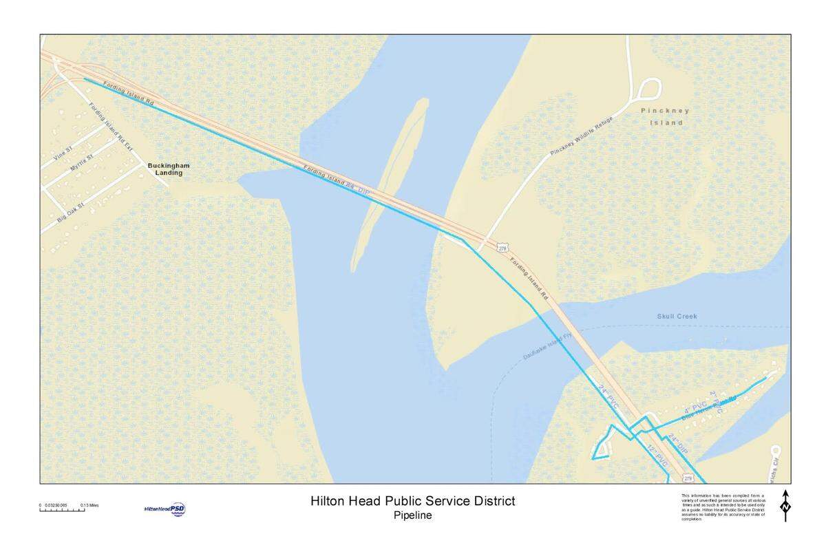 The pipeline starts on the main land at a meter box off the causeway, bores underneath Mackay Creek, comes up at Pinckney Island, bores back under Skull Creek and comes back up to the island’s water distribution center. The pipeline would likely be relocated further south, away from the new bridge’s pilings.