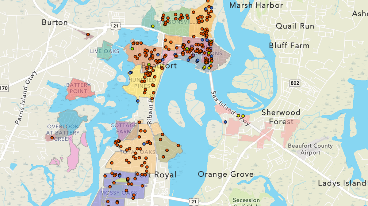 This maps shows the location of short-term rentals in the city of Beaufort.