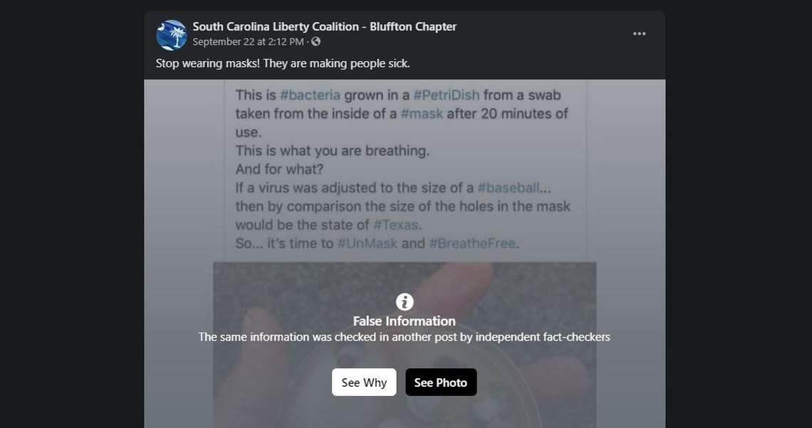 A post on the South Carolina Liberty Coalition - Bluffton Chapter’s Facebook page from late September is flagged by the social media platform as “false information.”