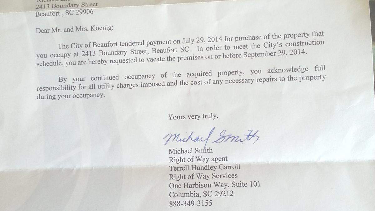 Shown is a request to vacate by the city of Beaufort sent to Richard and Karen Koenig, whose land is needed for a road project by the city and Beaufort County. The Koenigs say they have lived at their home for 50 years.