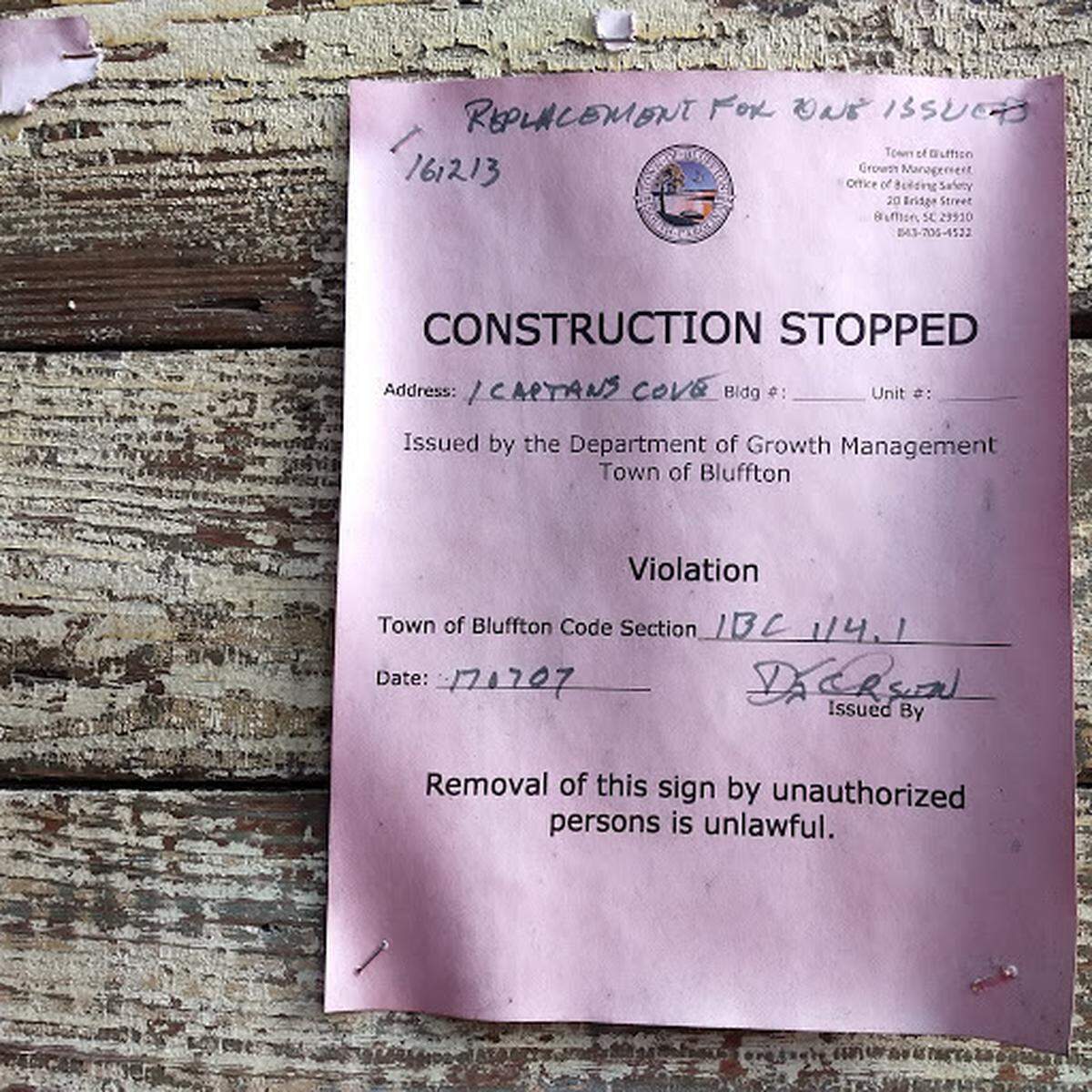 A stop work order for The Depot and Raw Bar.