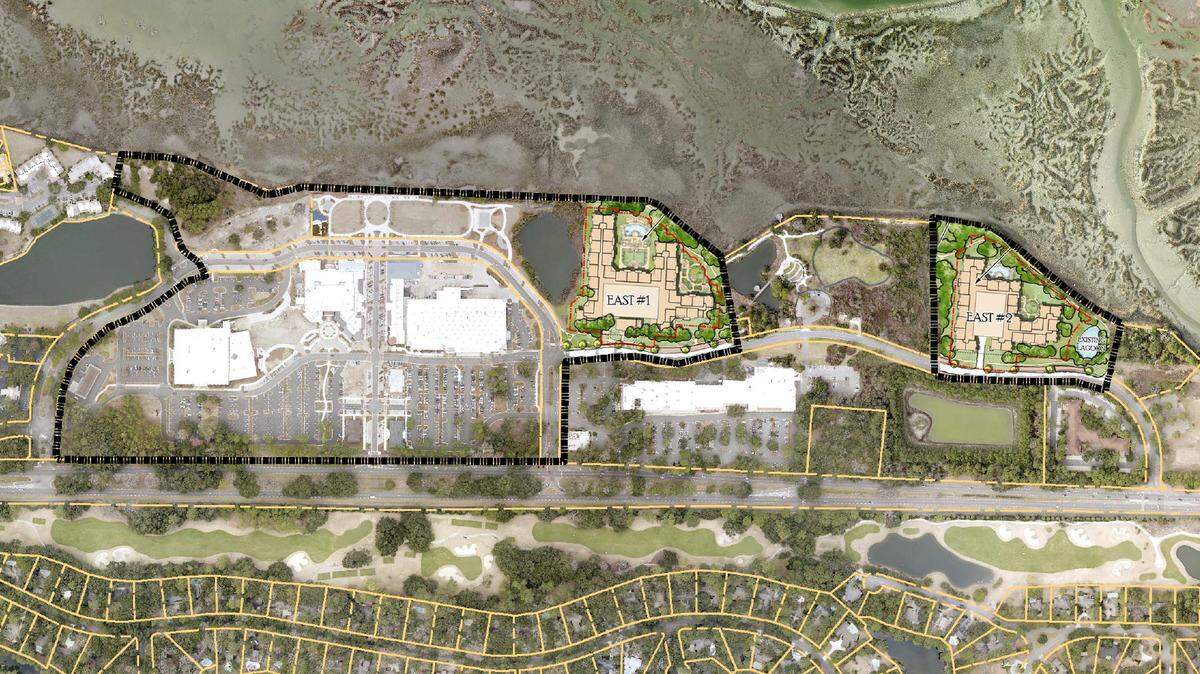 Shelter Cove Towne Centre's site plan for proposed apartment complexes, labeled "East 1" and "East 2", on the northeast side of the property. In this image, that is on the right side.