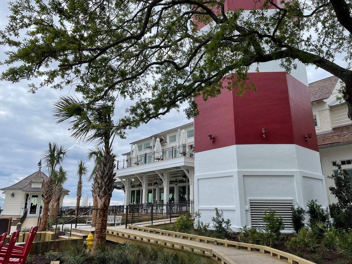 A partial look at the Quarterdeck restaurant and the base of the Harbour Town Lighthouse in Sea Pines on Hilton Head Island, SC.