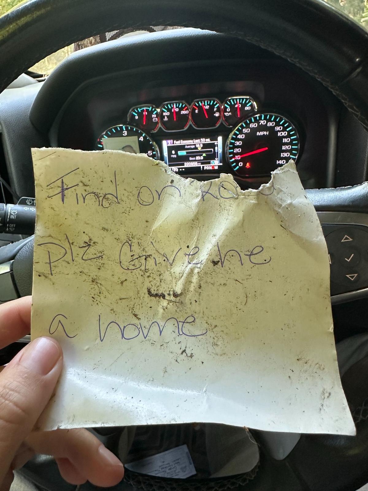 Note attached to Otis Sheldon’s crate when Caylor Romines found him.