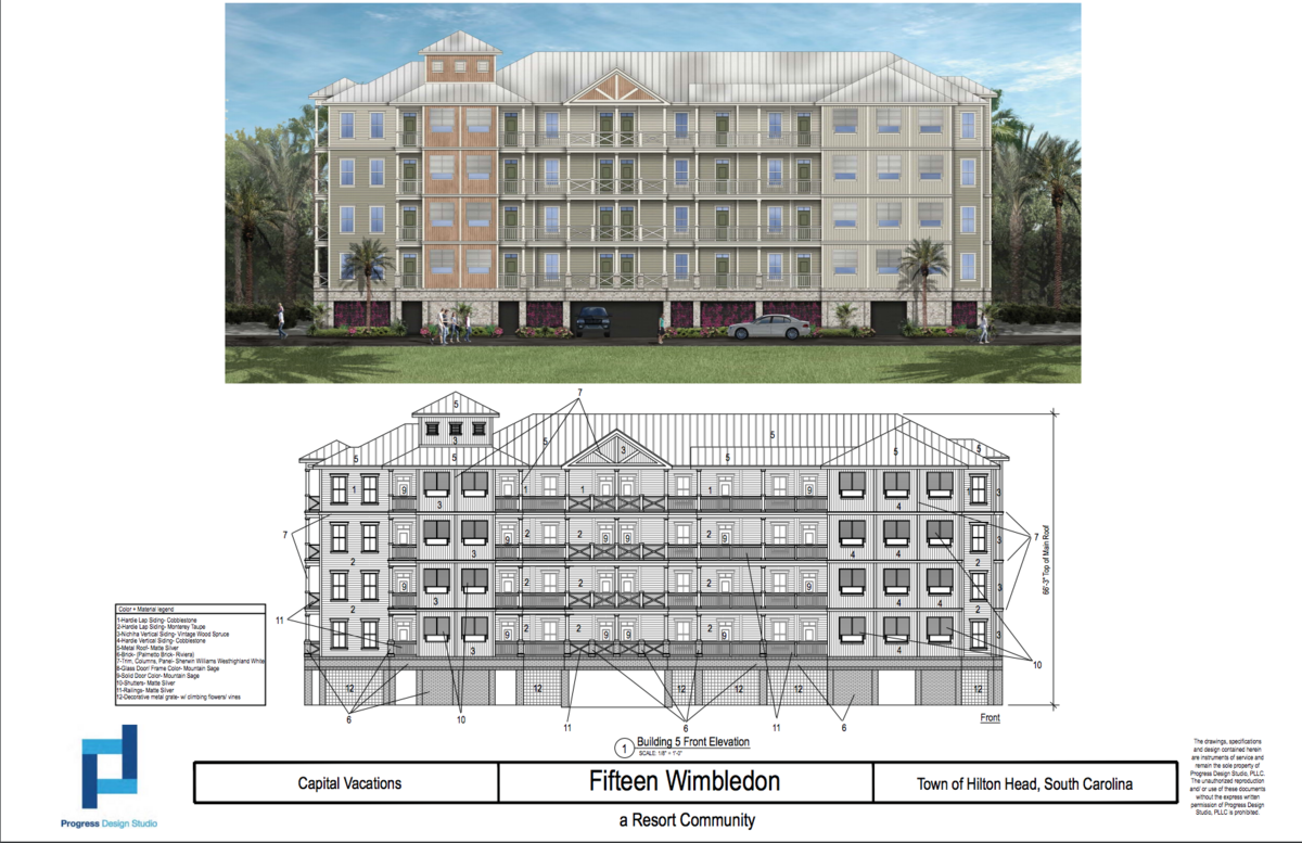 One of the planning documents for a proposed timeshare resort at 15 Wimbledon Court on Hilton Head Island.