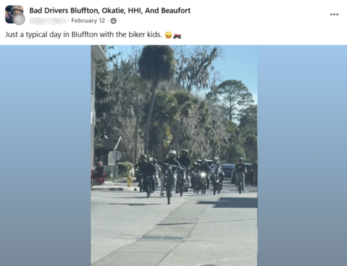 A screenshot of a social media video shows a group of teenagers riding e-bikes down Bluffton’s Promenade Street.