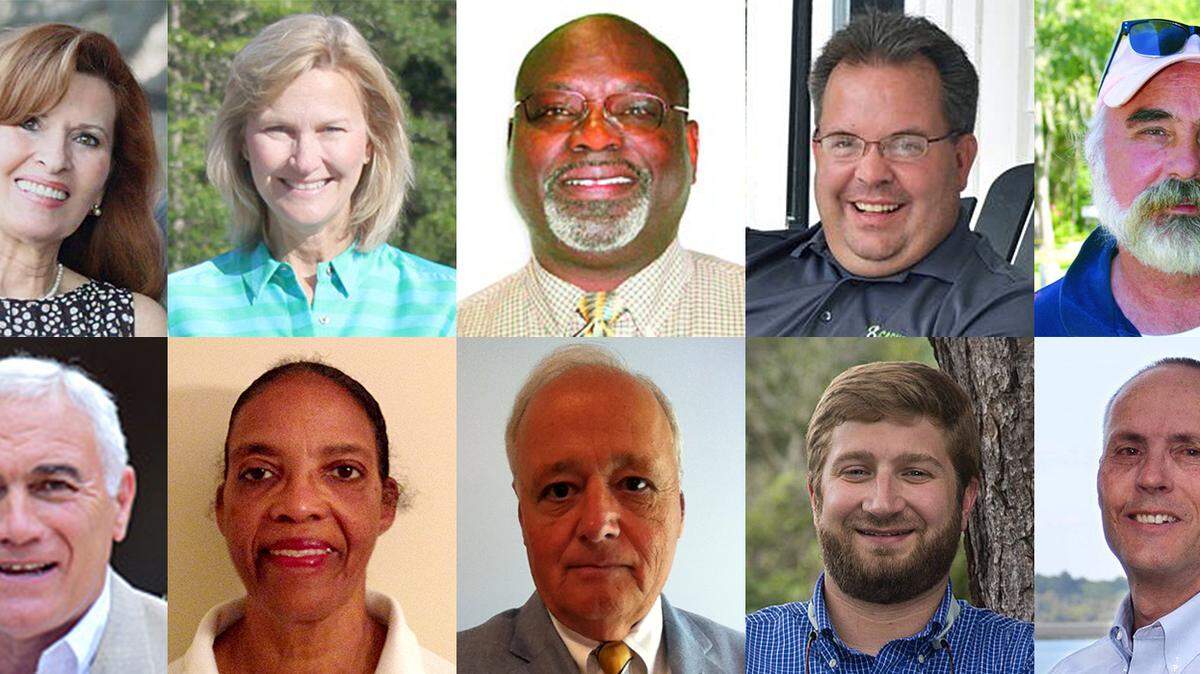Bluffton municipal election candidates. TOP ROW, left to right: Cynthia Bensch and Mayor Lisa Sulka for mayor; and Oliver Brown, Brendan Downey and Ted Huffman for council. BOTTOM ROW: Harry Lutz, Eleanor McKinsey-Chandler, Jim Sims, Michael Spears and Dan Wood, all for council.