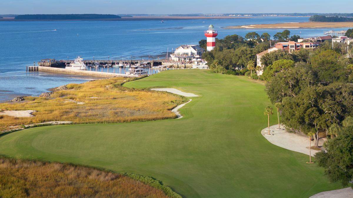 The newly restored 18th hole of Harbour Town Golf Links in Sea Pines, showcasing the resort’s iconic golf course.