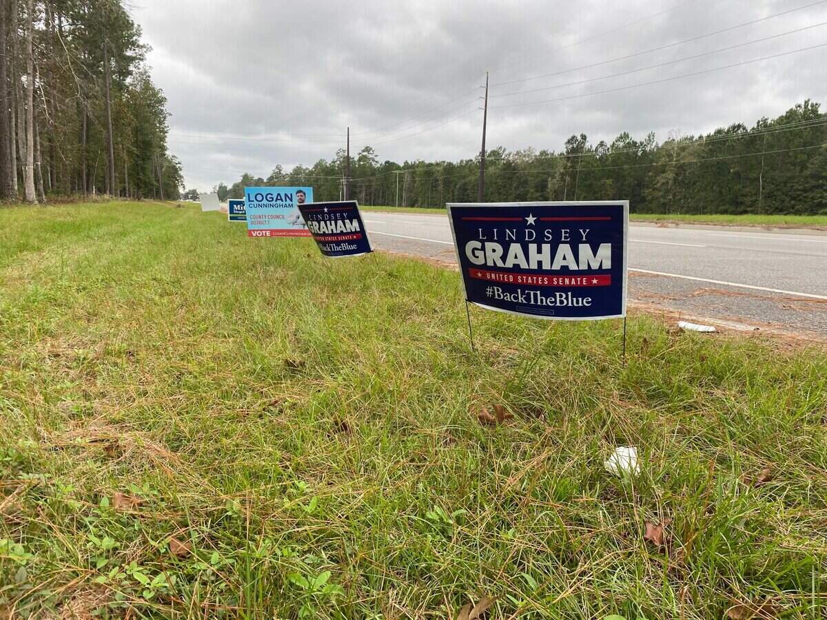 Sen. Lindsey Graham campaign signs on the side of S.C. 170 in Okatie on October 29, 2020.