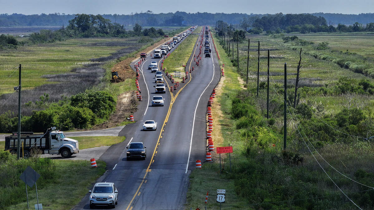 Traffic moves along U.S. 17 looking north is photographed in this drone photo taken on July 8, 2026, in Jasper County. SC DOT says the 4.1 mile widening project should be complete by the end of this month.