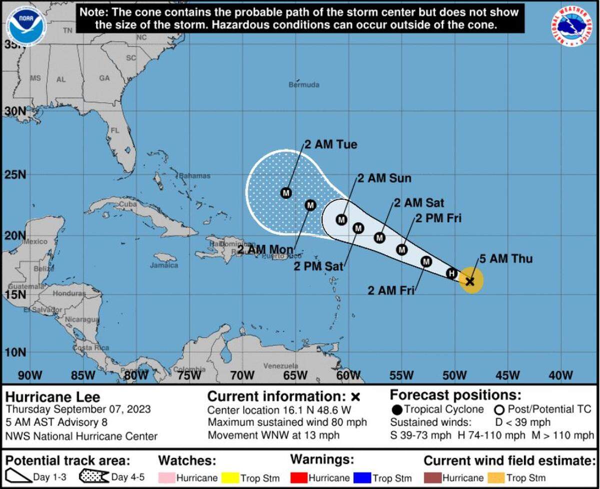 Hurricane Lee forecast cone on Thursday, Sept. 7, 2023.
