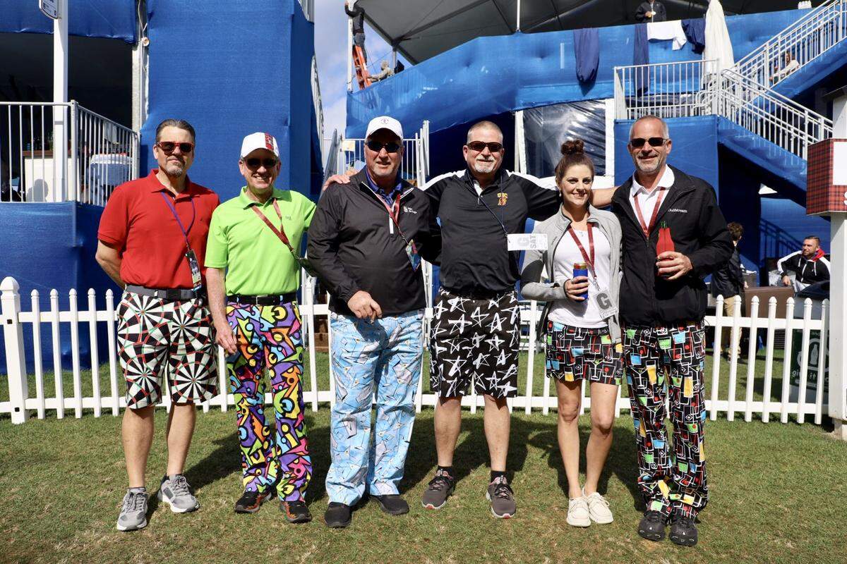 From left, are Jeff Spencer, Steve Boggus, Rodney McDonald, Baron Fowler, Rachel McCutcheon and Dave Snively. If you want to come to Heritage with their group, you’ll need your own pair of Loudmouth golf pants to fit in.