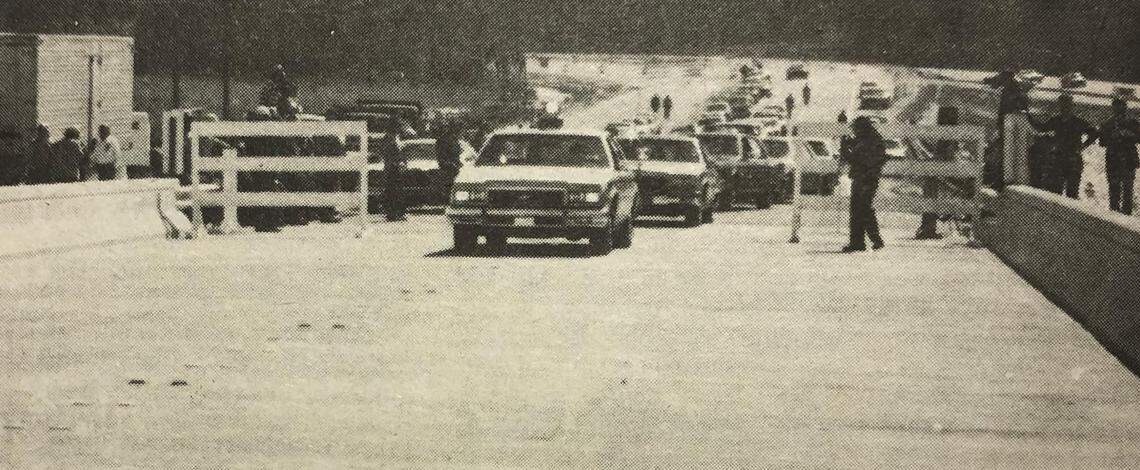 A Highway Patrol vehicle was the first to cross the new Hilton Head bridge in 1982.