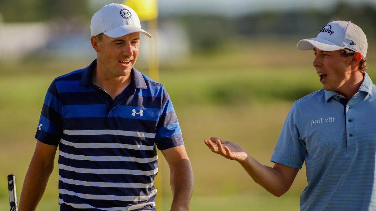 Jordan Spieth, left and Matt Fitzpatrick on the 18th fairway of before the playoffs during the final round of the RBC Heritage Presented by Boeing at Harbour Town Golf Links on Sunday, April 16, 2023 in Sea Pines on Hilton Head Island.