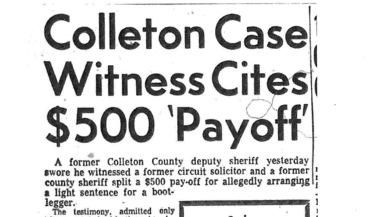 A news clipping from the News and Courier published on Sept. 22, 1956 that reported a former Colleton County deputy sheriff witnessed a $500 pay-off split between Randolph Murdaugh and a former sheriff.