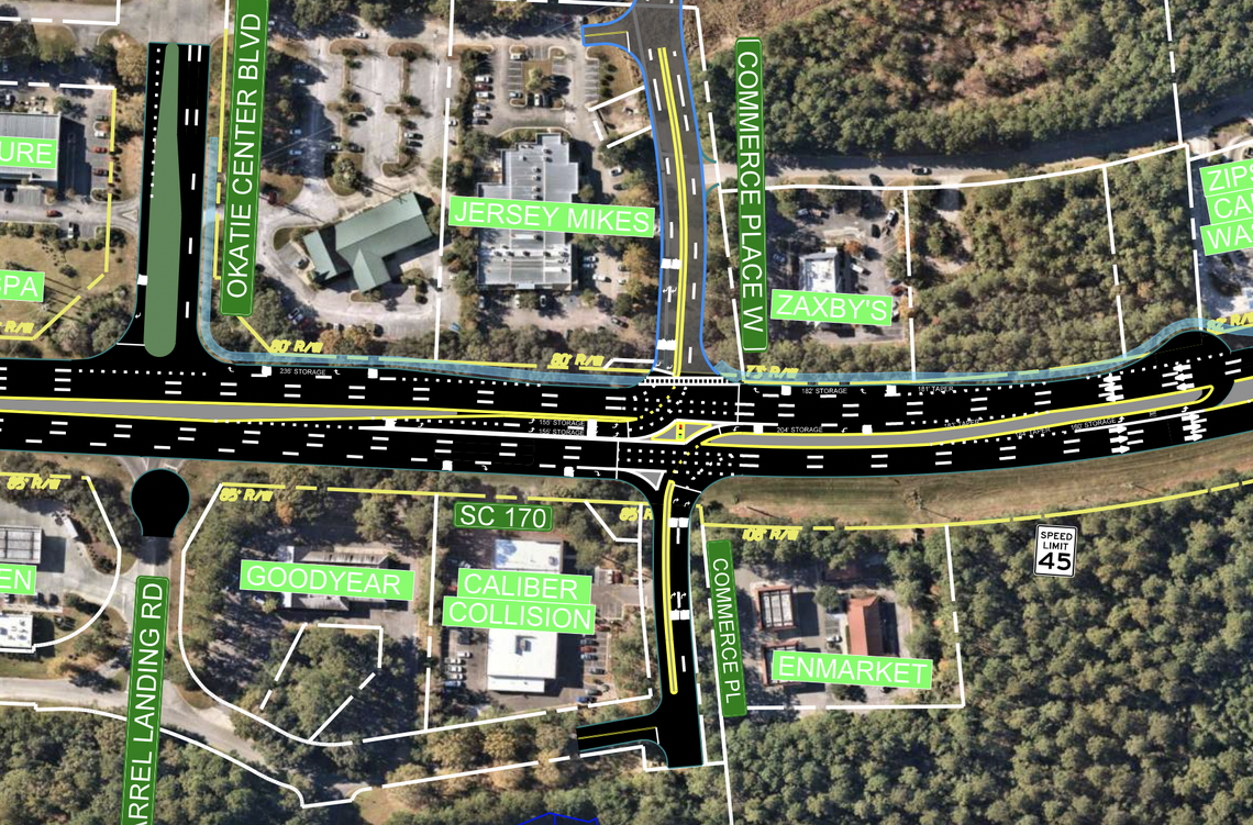 The proposal appears to call for a “dead end” circle at the tip of Barrel Landing Road, prohibiting entrance onto or exit from S.C. 170.
