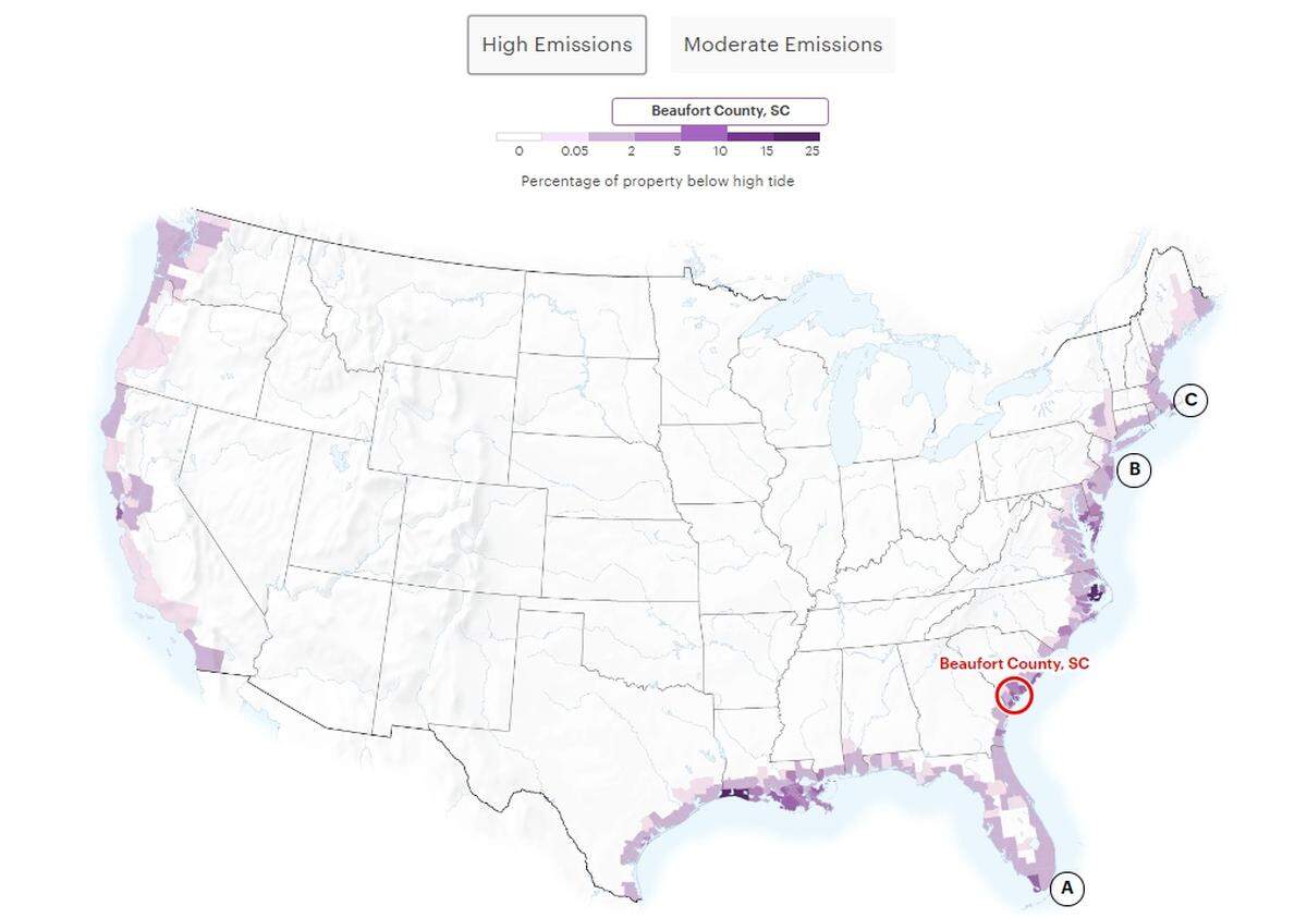 In Beaufort County, the amount of property that could be underwater at high tide was the same in both moderate and high emissions scenarios. Between 5% and 10% of all land in the county could be swallowed by the tide each day.