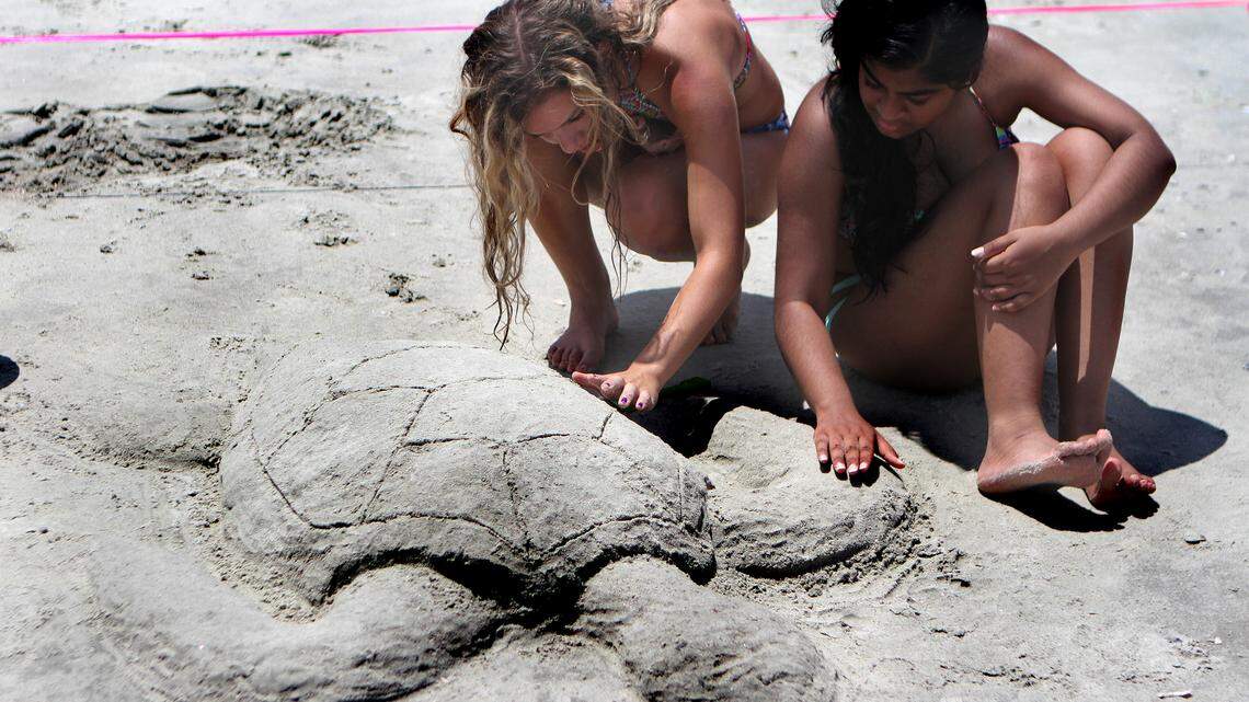 Isabelle Lieblein, left, 15, and Nishta Ramasamy, 15, both of Beaufort work to finish sculpting their turtle out of sand on Saturday during the 8th Annual Sand Sculpture Contest at Hunting Island State Park.  This was the first time sand sculpting for both girls.